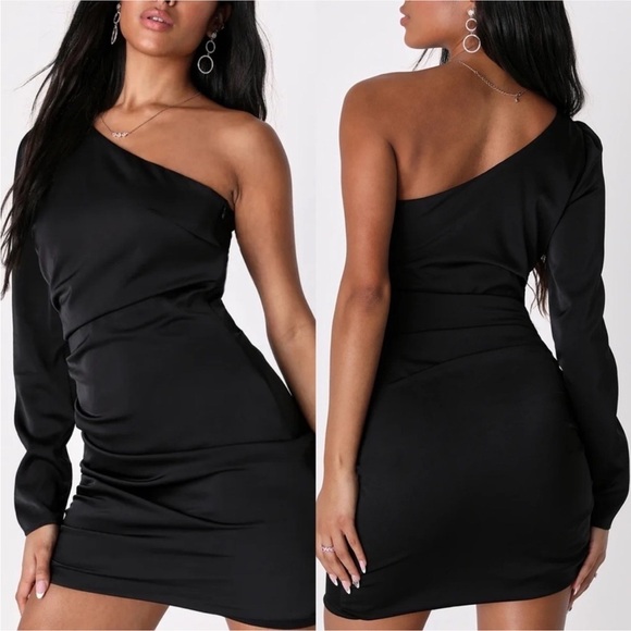 NWT Lulu's Happy Hour Chic Black Satin Ruched One-Shoulder Mini Dress Size XS - Picture 14 of 14